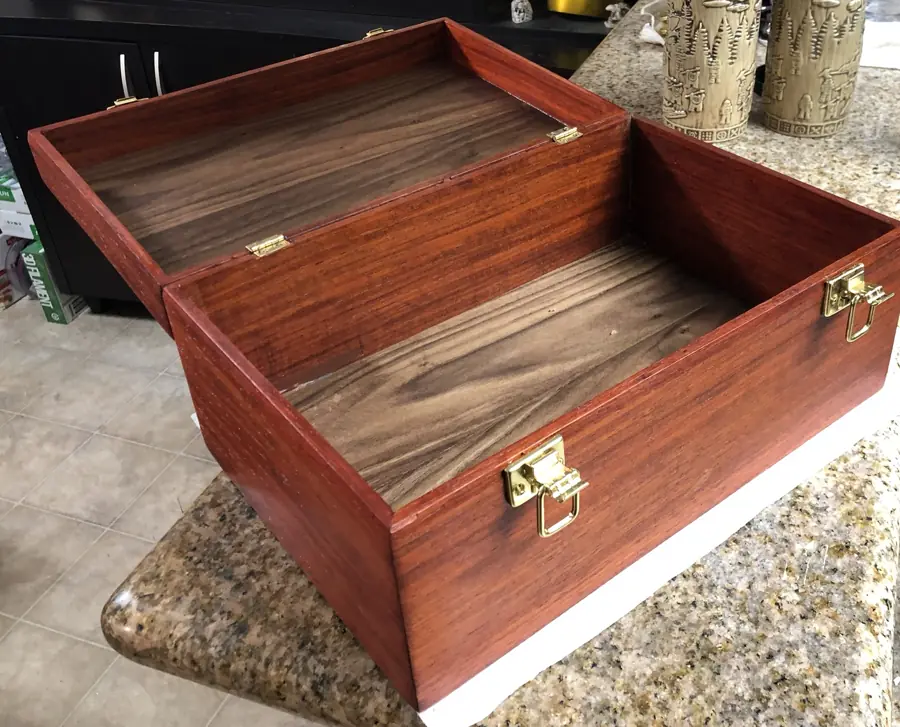 Open padauk and walnut keepsake box with brass latches